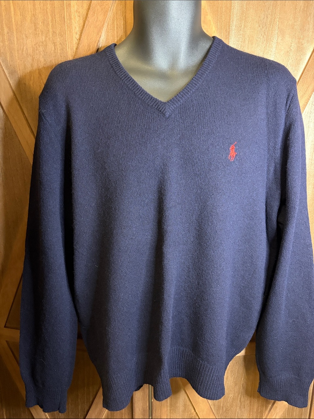 POLO RALPH LAUREN Dark Navy Blue 100% Lambswool V-Neck Sweater Red Pony SIZE XL